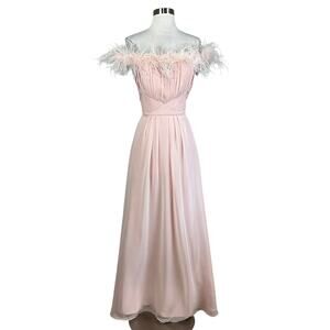 Eliza J Off the Shoulder Feather Trim Chiffon A-Line Evening Gown Pink Size 12